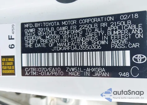 2018 Toyota Prius Four z USA, uszkodzony, nr VIN JTDKARFU4J3550306